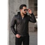 Oksit Kegg Erkek Siyah Slim Fit Kapüşonlu Omuz Detaylı Suni Deri Ceket