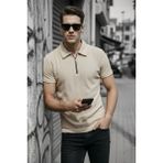 Oksit Robb Erkek Yarım Fermuarlı Dokulu Polo Yaka Kısa Kollu Slim Fit Tişört - Krem - 2XL