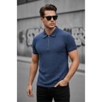Oksit Robb Erkek Yarım Fermuarlı Dokulu Polo Yaka Kısa Kollu Slim Fit Tişört - Mavi - XL