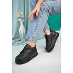 Oksit Zima Tabanı Taş Detaylı Kalın Taban Bağcıklı Kadın Sneaker - Siyah