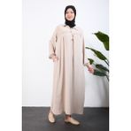 Oktayusta Collection Önü Yarım Pat Düğmeli Gömlek Yaka Robalı Mevlana Elbise - Bej - 1