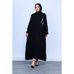 Oktayusta Collection Yaprak Taş Işleme Detaylı Tam Boy Gizli Patlı Siyah Ferace - 58