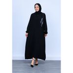 OKTAYUSTA COLLECTİON Yaprak Taş İşleme Detaylı Tam Boy Gizli Patlı Siyah Ferace