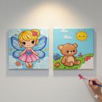 Okul Etkinliği-2'li Tuval Boyama Seti. 20x20 Cm Uv Baskı 6 Akrilik Boya 1 Fırça (SET78)