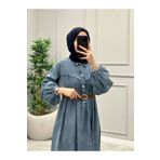 OlaLady Kadın Robadan Büzgülü Balon Kollu Tesettür Denim Kot Elbise