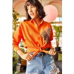 Olalook 19001016 Kadın Turuncu Palmiye Pul Detaylı Oversize Dokuma Poplin Gömlek