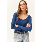 Olalook BLZ-19000722 İndigo Geniş Yakalı Kaşkorse Kadın Bluz