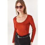 Olalook BLZ-19000722 Kadın Kiremit Geniş Yakalı Kaşkorse Bluz