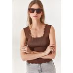 Olalook BLZ-19001450 Kadın Acı Kahve Yaka Detaylı Bel Üstü Triko Bluz