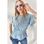Olalook BLZ-19002201 Kadın Çiçekli Bebe Mavi Beli Lastikli Kolu Fırfırlı Yarasa Bluz