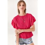 Olalook BLZ-19002201 Kadın Fuşya Beli Lastikli Kolu Fırfırlı Yarasa Bluz