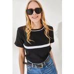 Olalook BLZ-19002209 Kadın Siyah Şeritli Bisiklet Yaka Triko Bluz