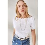 Olalook BLZ-19002226 Kadın Beyaz Yaka Ajurlu Triko Bluz