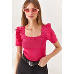 Olalook BLZ-19002269 Kadın Fuşya Kolu Fırfırlı Kalp Boncuk Garnili Crop Bluz
