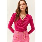 Olalook BLZ-19002419 Fuşya Vatkalı Pileli Degaje Yaka Kadın Bluz