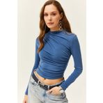 Olalook BLZ-19002426 İndigo Dik Yaka Büzgü Detaylı Kadın Bluz