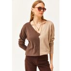 Olalook BLZ-19002519 Kahve Camel Bloklu Şardonlu Salaş Kadın Bluz