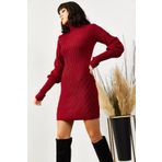 Olalook ELB-19001302 Kadın Bordo Kol ve Eteği Dokulu Triko Elbise