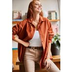 Olalook GML-19000867 Acı Kahve Gizli Patlı Oversize Poplin Kadın Gömlek