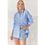 Olalook GML-19000985 Bebe Mavi Cep Detaylı Baskılı Dokuma Gömlek