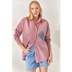 Olalook GML-19001016 Gül Kurusu Palmiye Pul Detaylı Oversize Dokuma Poplin Gömlek