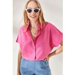 Olalook GML-19001109 Kadın Pembe Yarasa Oversize Keten Gömlek