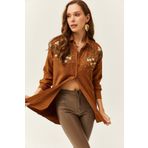 Olalook GML-19001159 Taba Nakışlı Kadın Gömlek