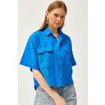 Olalook GML-19001193 Çift Cepli Oversize Flamlı Crop Mavi Kadın Gömlek