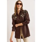 Olalook Kadın Acı Kahve Nakışlı İncili Yün Efektli Oversize Kışlık Gömlek GML-19001159