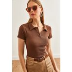 Olalook Kadın Acı Kahve Polo Yaka Düğmeli Likralı Bluz BLZ-19002558