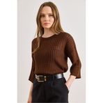 Olalook Kadın Acı Kahve Saç Örgü Ajurlu Loose Fit Mevsimlik Triko Bluz BLZ-19003225