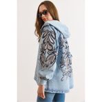 Olalook Kadın Açık Mavi Kapüşonlu Cepli Sırtı Kolu Payetli Oversize Denim Ceket CKT-19000504
