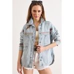 Olalook Kadın Açık Mavi Ön Arka Çiçek Nakış Detaylı Yıkanmış Denim Ceket CKT-19000521