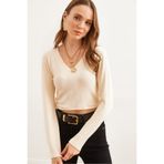 Olalook Kadın Bej V Yaka Soft Touch Esnek Bluz BLZ-19002767