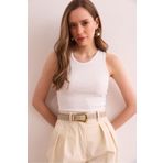 Olalook Kadın Beyaz Baskı Taşlı İnce Fitilli Crop Bluz BLZ-19002922