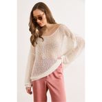 Olalook Kadın Beyaz Geniş Yaka Ajurlu Loose Fit Triko Bluz BLZ-19003321