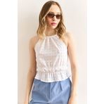 Olalook Kadın Beyaz Halter Yaka Beli Lastikli Fisto Bluz BLZ-19003008