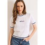Olalook Kadın Beyaz Kedi Nakışlı Saç Örgü Triko Bluz BLZ-19003325