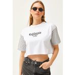 Olalook Kadın Beyaz Kolu ve Sırtı Garnili Crop Bluz BLZ-19002561