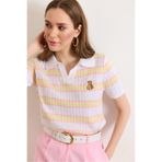 Olalook Kadın Beyaz Polo Yaka Ayıcık Nakışlı Mevsimlik Triko Bluz BLZ-19003283