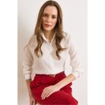 Olalook Kadın Beyaz Pul Detaylı Şeritli Regular Fit Gömlek GML-19001406
