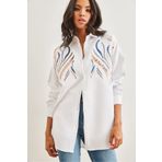 Olalook Kadın Beyaz Pul Payetli Yün Efektli Oversize Kışlık Gömlek GML-19001157