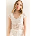 Olalook Kadın Beyaz Roba Astarlı V Yaka Crop Dantel Bluz BLZ-19003002