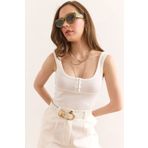 Olalook Kadın Beyaz U Yaka Kopçalı Esnek Pamuk Crop Bluz BLZ-19002956