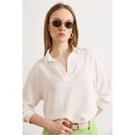 Olalook Kadın Beyaz V Yaka Dokuma Viskon Dökümlü Bluz BLZ-19003239