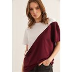 Olalook Kadın Bordo Beyaz Asimetrik Bloklu Tişört TSH-19000350