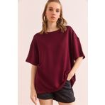 Olalook Kadın Bordo Bisiklet Yaka Oversize Yumuşak Dokulu Tişört TSH-19000865