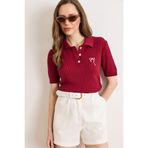 Olalook Kadın Bordo Fiyonk Nakışlı Polo Yaka Saç Örgü Mevsimlik Triko Bluz BLZ-19003222