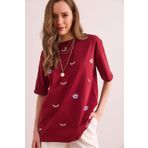 Olalook Kadın Bordo Göz Baskılı Tişört TSH-19000817
