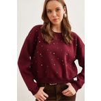Olalook Kadın Bordo İnci Detaylı Şardonlu Crop Kalın SweatshirtSWT-19000663